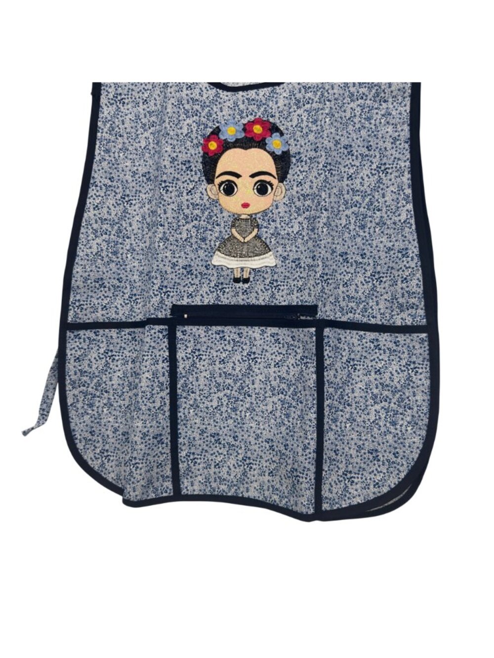 Apron Women One Size Blue Floral Frida-Inspired Embroidered Pockets Tie Closure - Picture 3 of 8